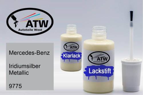 Mercedes-Benz, Iridiumsilber Metallic, 9775: 20ml Lackstift + 20ml Klarlack - Set, von ATW Autoteile West.